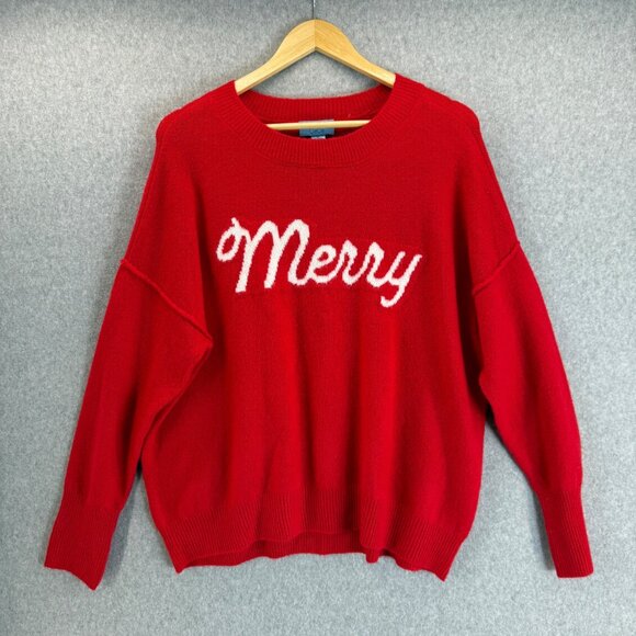 CeCe Red Script "Merry" Christmas‎ Holiday Sweater Womens Size Medium Pullover - Picture 1 of 11